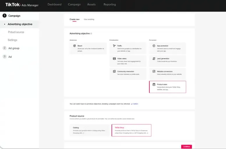 Create a new campaign Tiktokshop